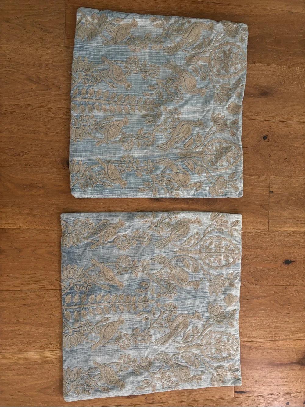 Pottery Barn Blue and Beige Embroidered Bird euro Pillow Covers. Set of 2